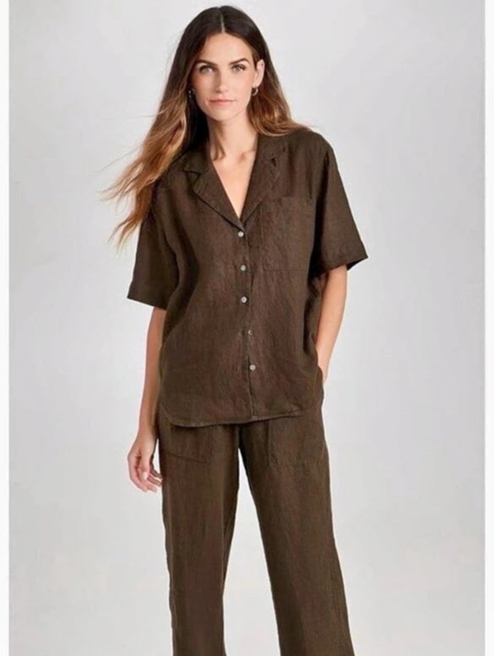 Ayr Pool Boy Linen Camp Shirt Short Sleeve Button Down Brown